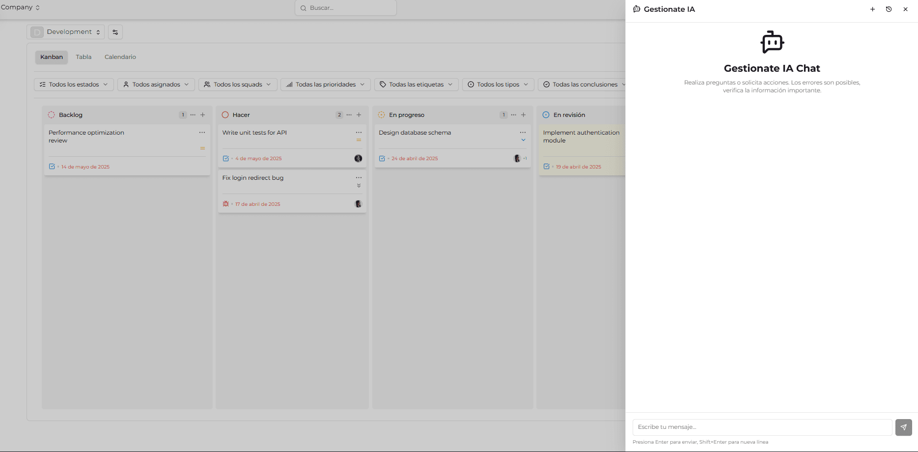 Gestionate AI assistant view